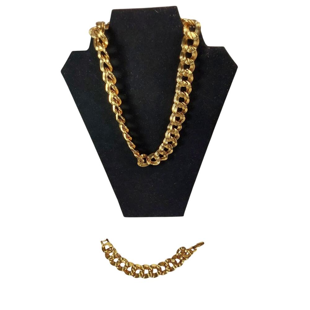 Vintage Monet Chunky Gold-Tone Link Necklace & Bracelet Set Textured Rope